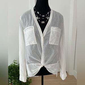 BCBGMAXAZRIA Semra Sheer Button Front Blouse V Neck Twist Detail Feminine Chic